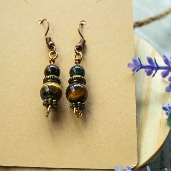 Tiger’s Eye Drop Earrings with Bronze and Copper Accents - Picture 2 of 11